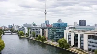 Modern riverside district in Berlin, Germany