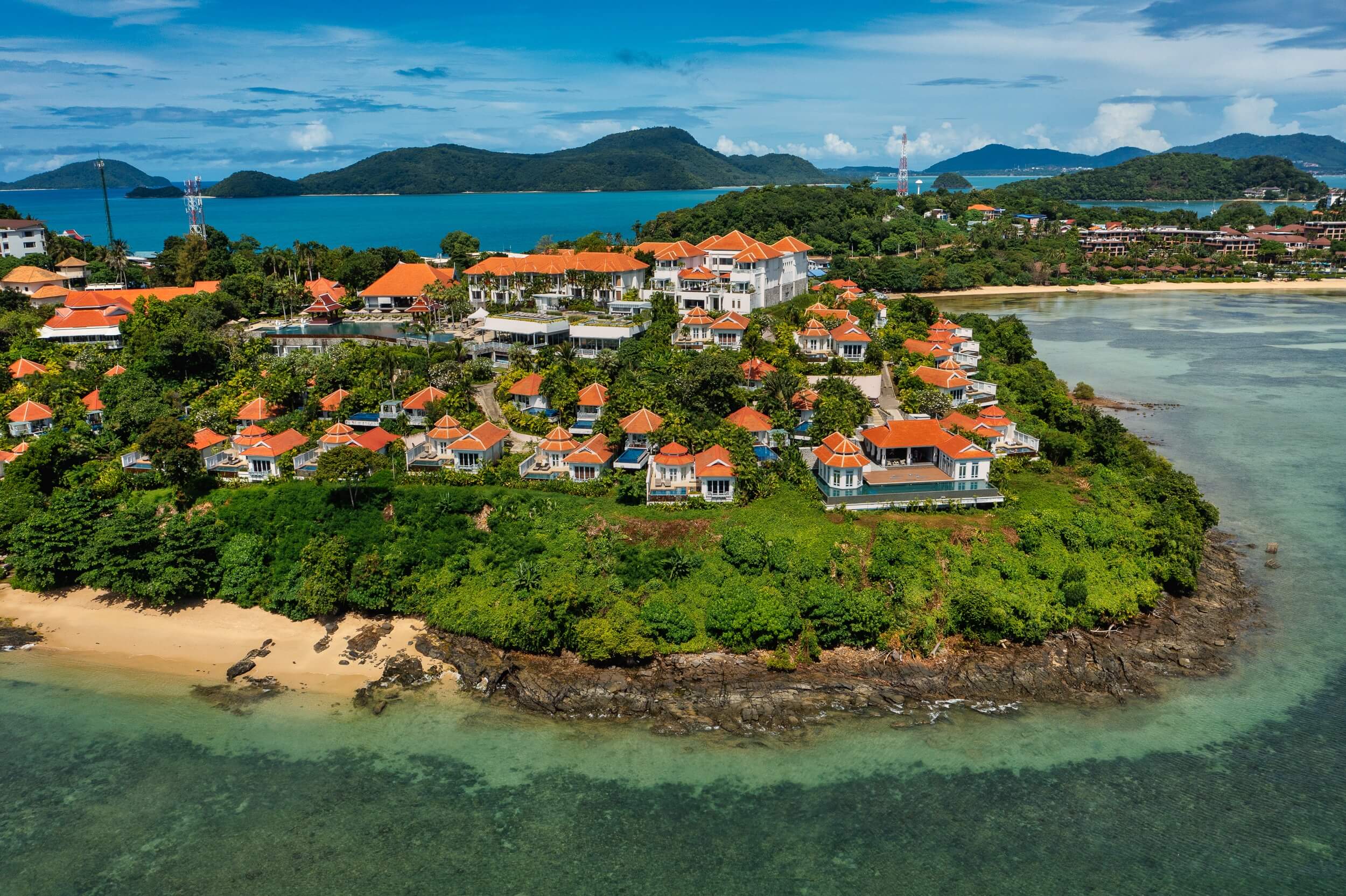 Amatara Welleisure Resort aerial view of Cape Panwa Phuket coastline and resort grounds