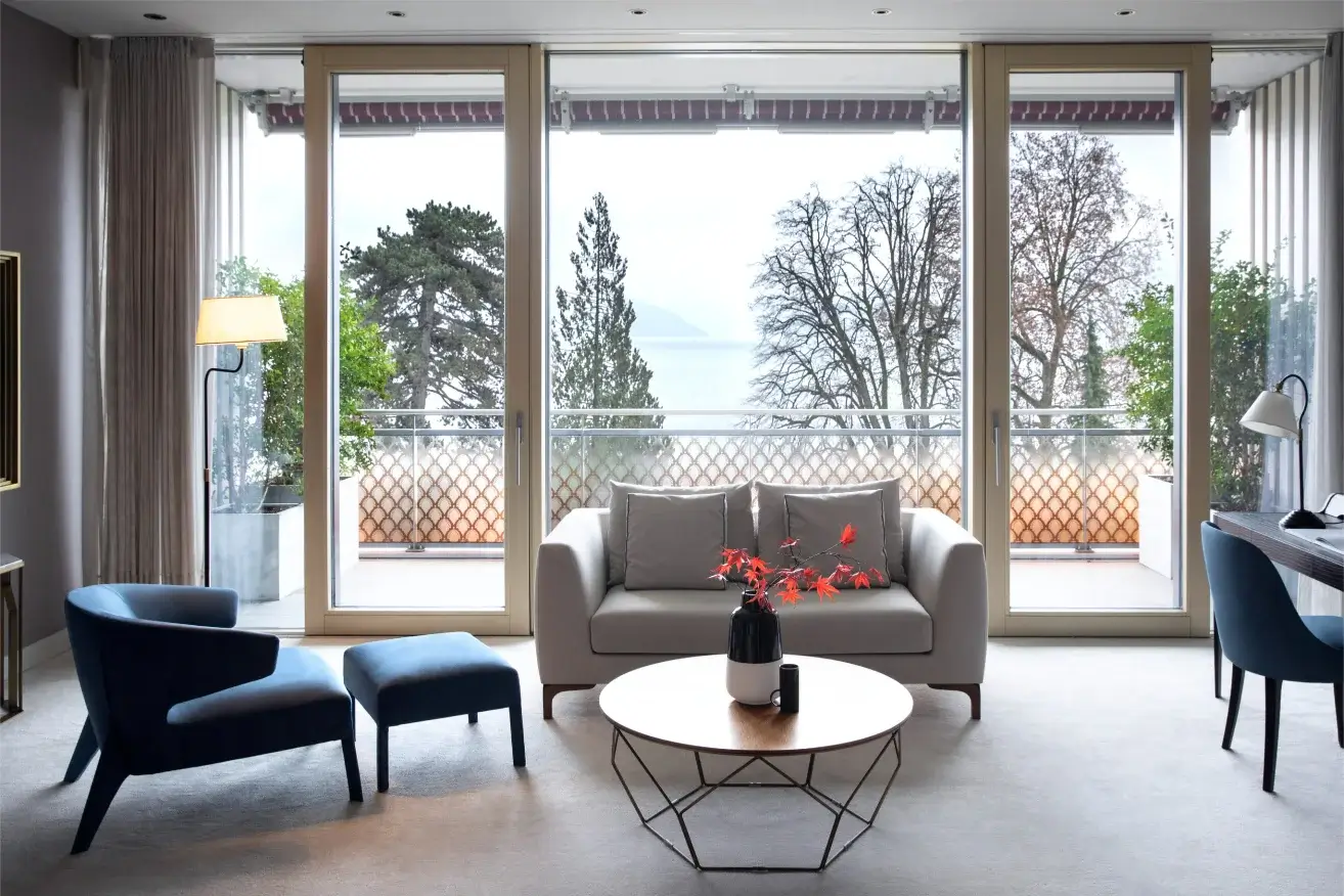 Elegant guest suite interior at Chenot Palace Weggis with lake view Switzerland