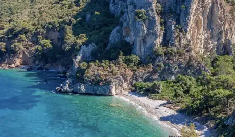 Nature hiking trail through olive groves and coastal landscape Datça Peninsula Kairos Valley Turkey